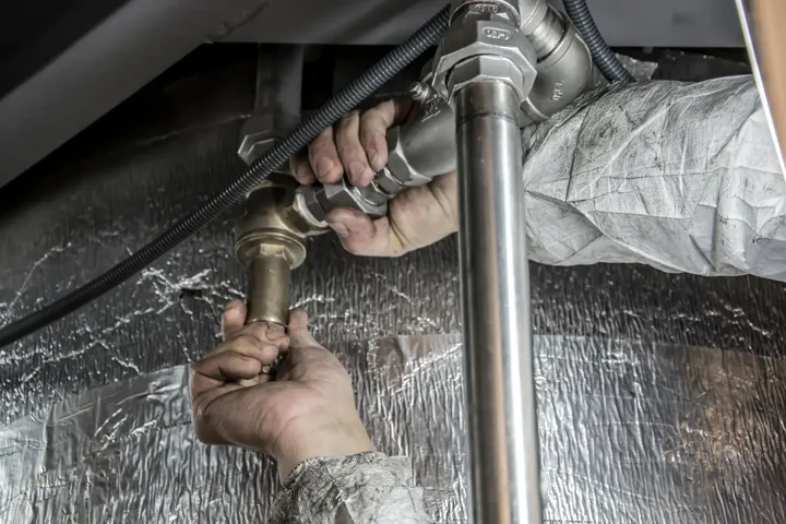 A plumber's hands tightening a brass fitting with a wrench